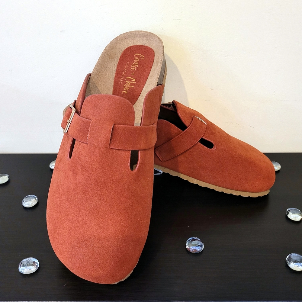 Chase + Chloe Suede Rust Color Mules
